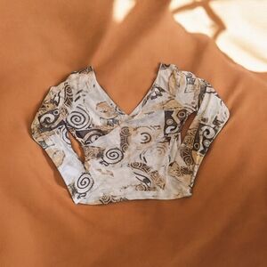 Vintage OJAY Long Sleeve V-neck Wrap Top Bold Abstract Print in shades of brown